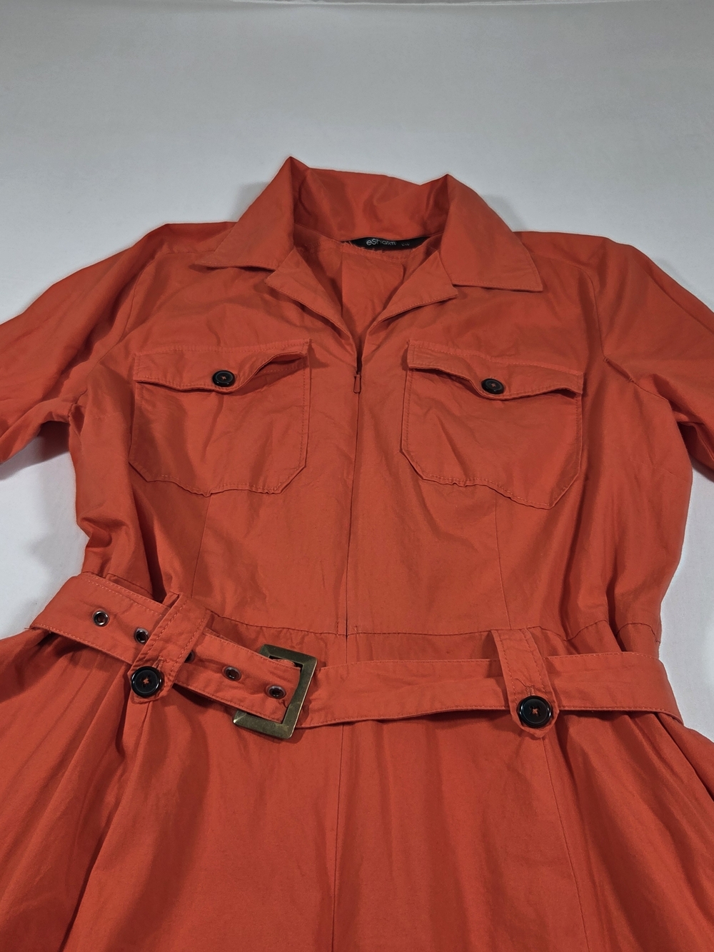 eShakti Vibrant Orange A Line Feminine Short-Sleeve Utility Midi Dress Belted - Picture 8 of 16